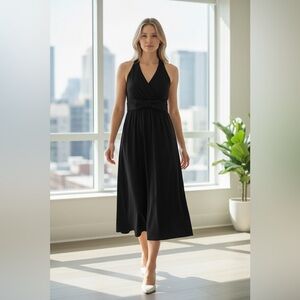 LOFT Black Sleeveless Empire Waist Midi Dress with Bow Detail - Size 4